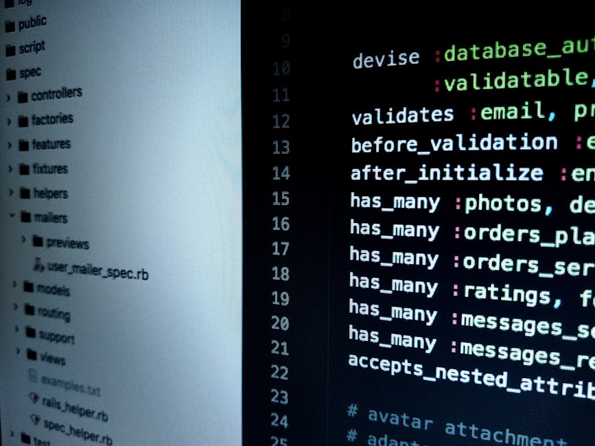 A computer screen displaying lines of programming code with syntax highlighting in various colors like green, blue, purple, and white. The left side shows a file directory tree with folders and files 